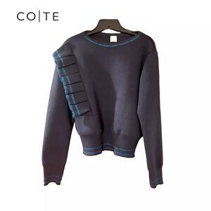 COTE Women's Dbl Knit Blue Sweater with Ruffle & Lurex, Size 46, Made in Italy